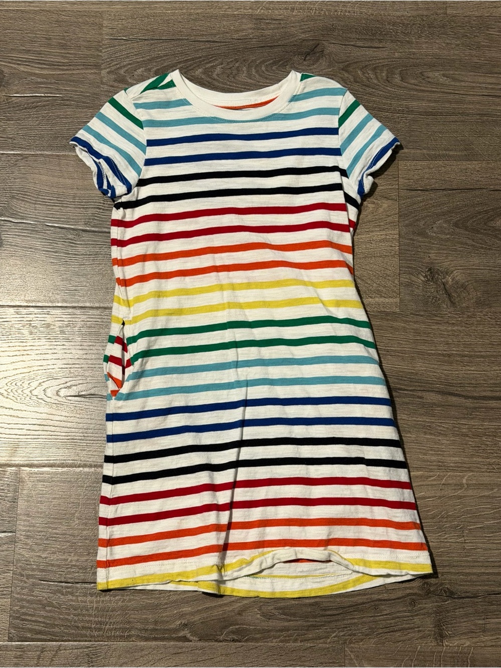 Primary Rainbow Stripe Cotton Dress - White Base with Multicolor Stripes 6/7